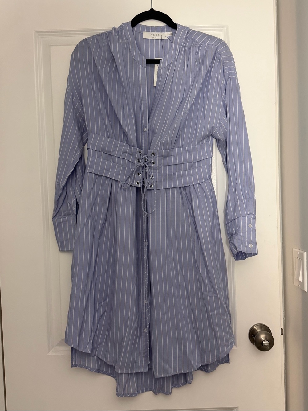 NWT ASTR The Lable Light Blue Pinstripe Lace-Up Shirt Dress